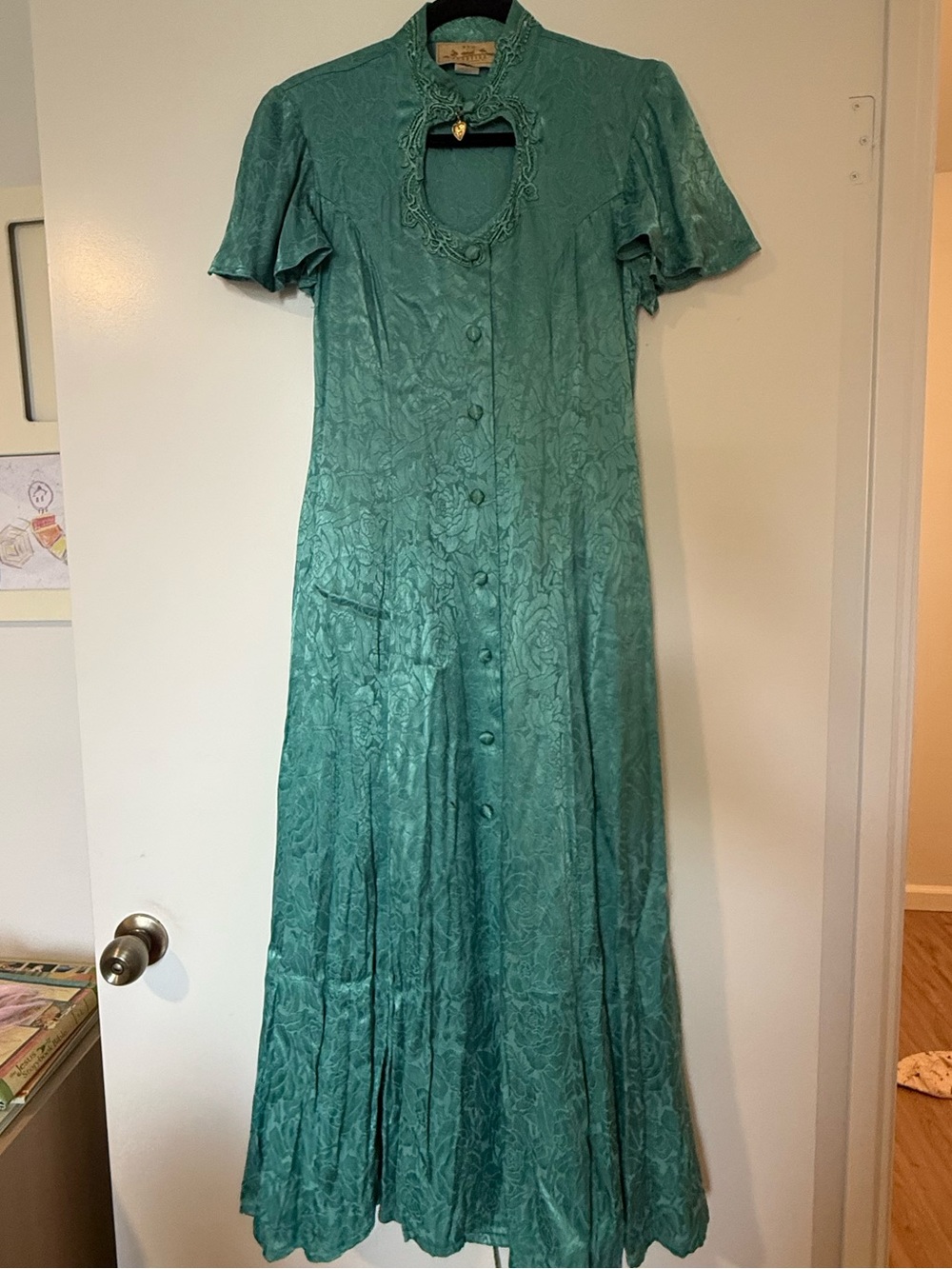 Vintage New Frontier Teal Floral Rayon Maxi Dress Size 7 Lace Up Back USA